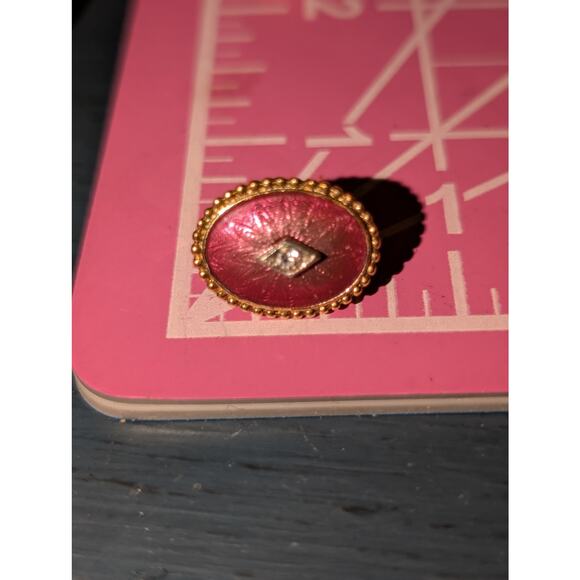 Vintage Unsigned Pink Enamel Oval Beaded Center Rhinestone Clip On Earrings - Picture 3 of 4